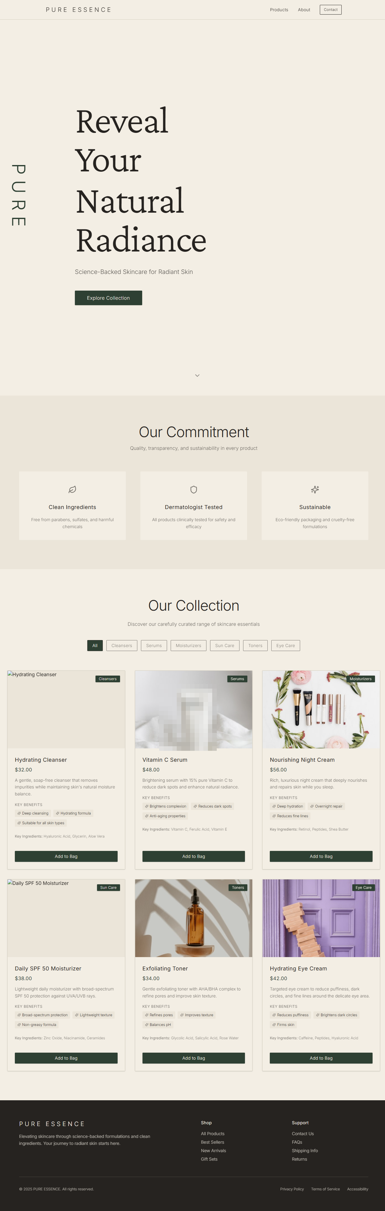 Round 2 result: PURE ESSENCE with palette and single-CTA structure following the style pass, but product photography reading wrong-mood